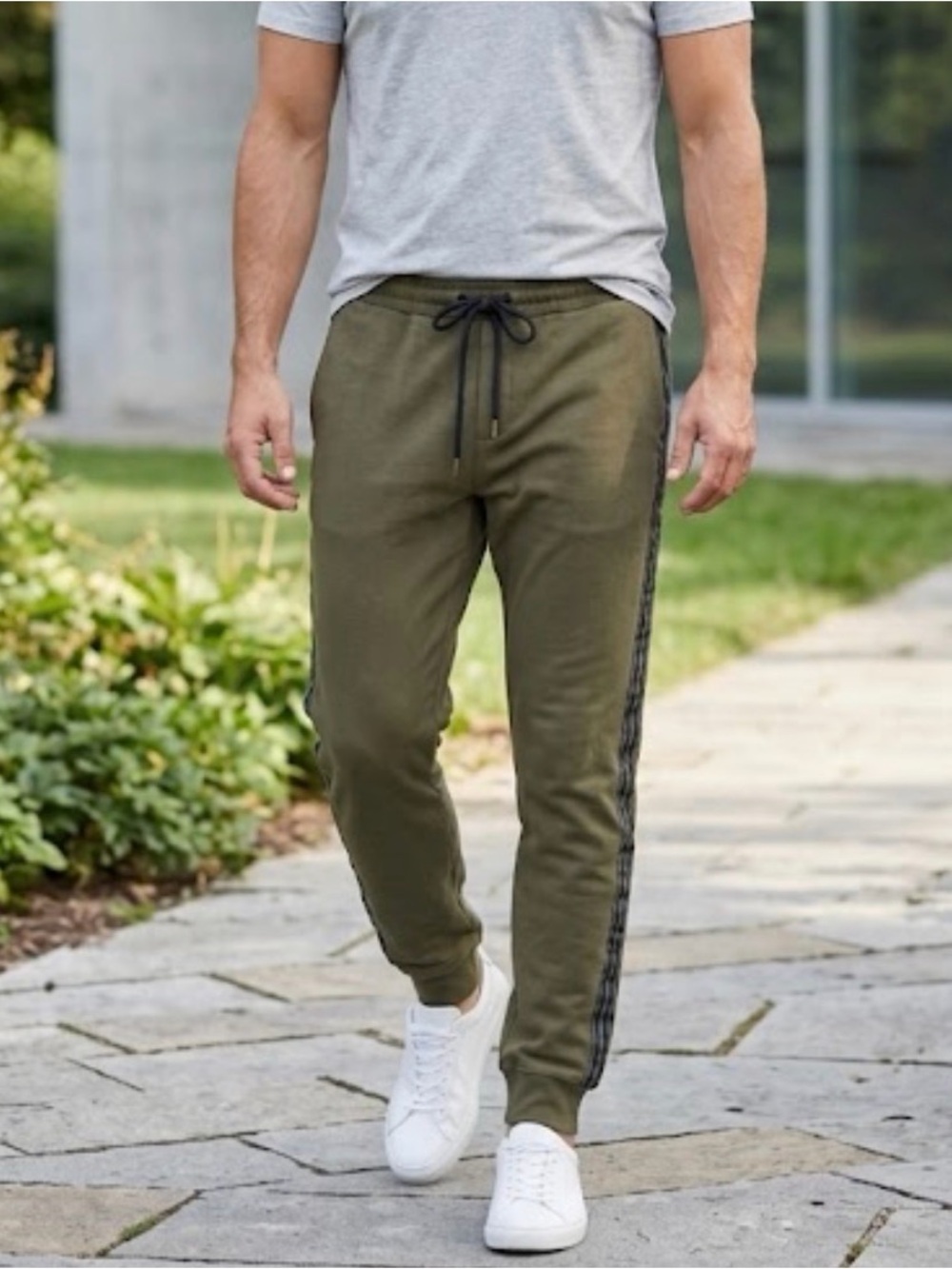 Paige Men's Olive Green Track Jogger Pants‎ with Contrast Side Stripe Large
